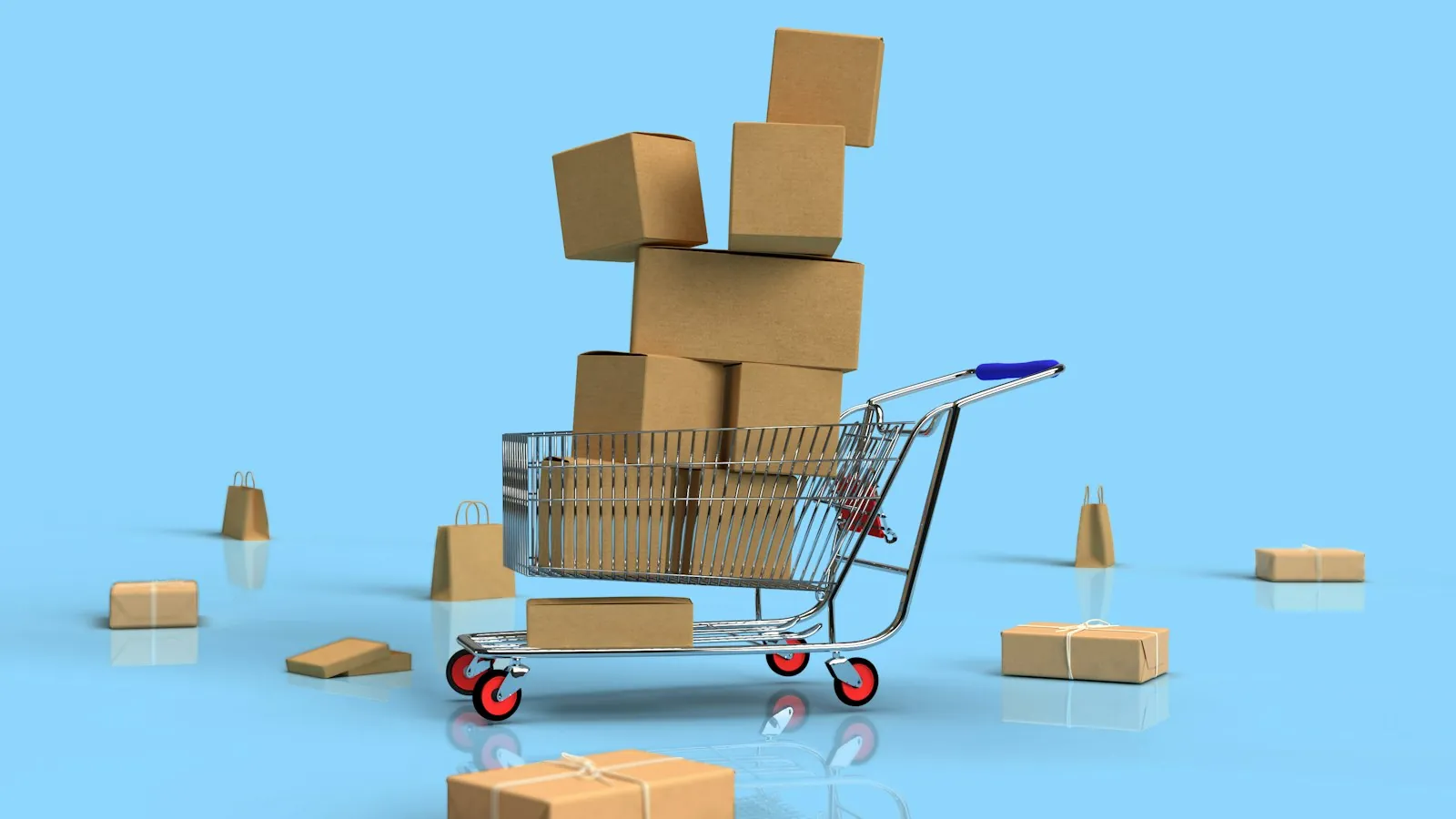 Ilustração 3D de carrinho de compras cheio de caixas de papelão, com sacolas e pacotes ao redor em fundo azul